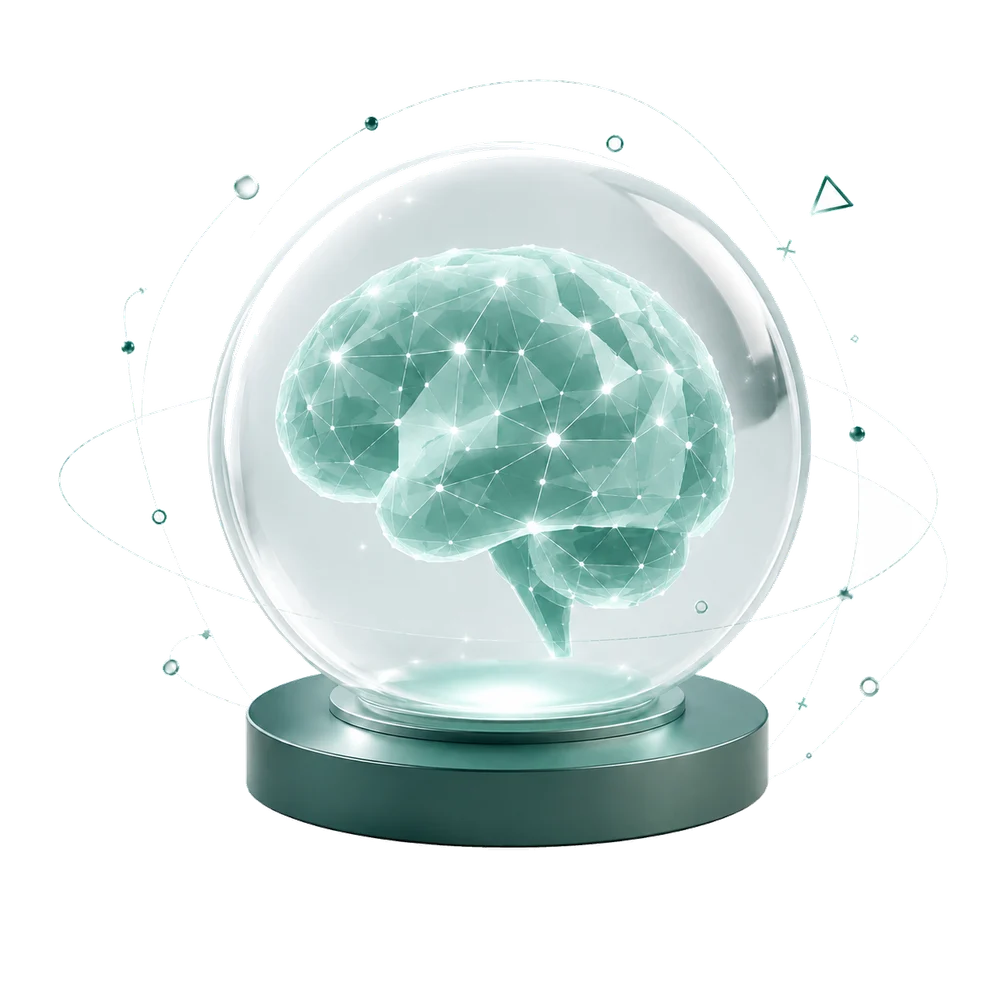 A glowing low-poly brain inside a glass sphere on a pedestal